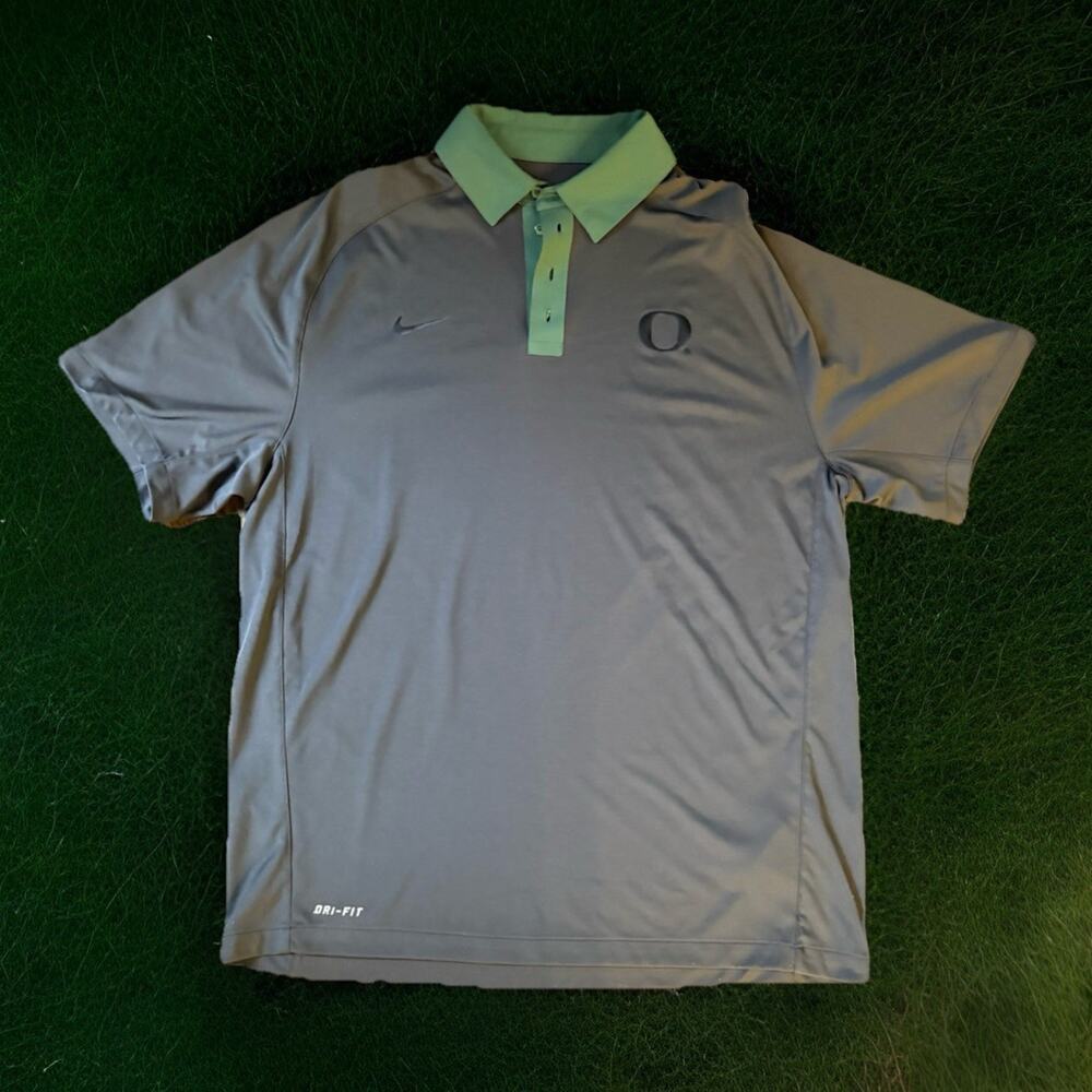 Gray Green Nike Dri Fit Oregon Ducks Polo Shirt U of O golf Mens Medium M Classy
